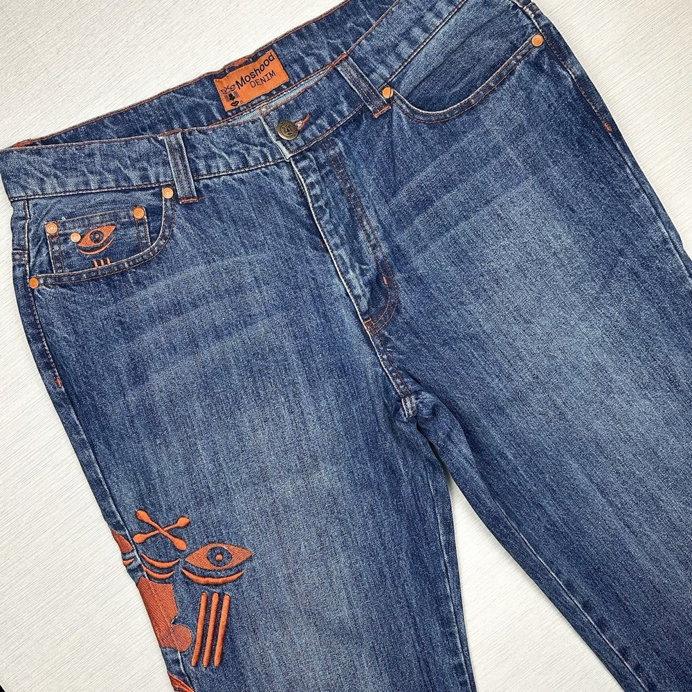 Moshood Denim Wide Leg Embroidered Jeans Raw Edge Cuff Men 39x29 Med Wash - Picture 6 of 13